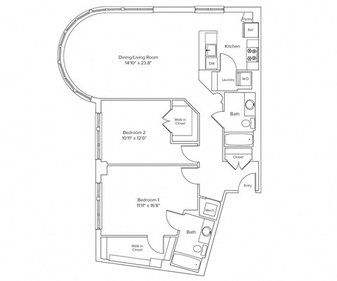 Floor plan for 2 beds, 2 baths, 1258 sqft